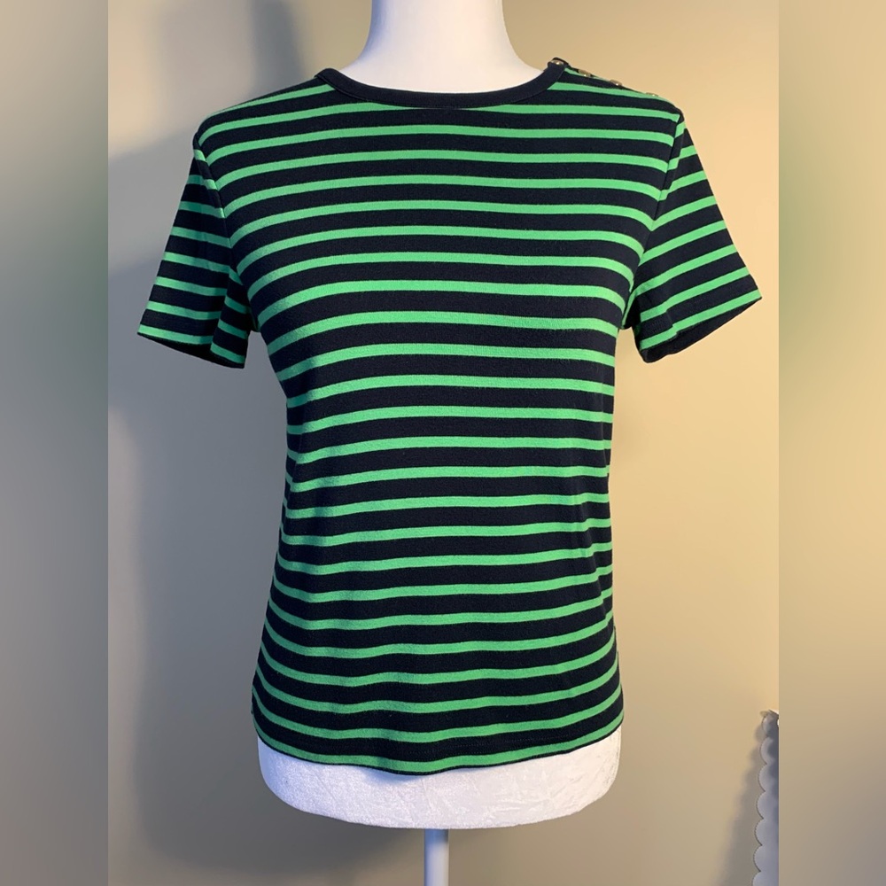 EUC Top: Kelly Green & Navy Striped, Crew Neck, Small Medium Tee